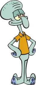 An animated turquoise octopus wearing a brown shirt