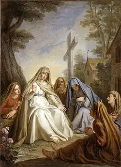 Painting of a woman dressed in white, surrounded by four young women, with a cross in the background