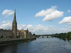 Smeaton's Bridge, with St Matthew's Church, on Tay Street, on the left, looking north from Queen's Bridge