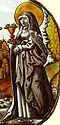 St. Odile, with a pair of eyes in a chalice. Stained glass from c. 1500.