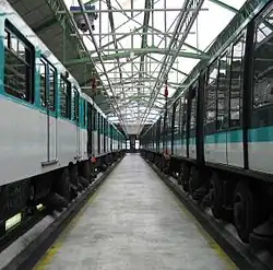 View of two metro trains in the metro workshops in Saint-Ouen, in 2009