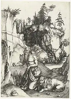 Jerome Penitent in the Wilderness, engraving, Albrecht Dürer 1494–1498