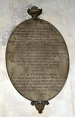 Memorial to Paul Colombine (d. 1784)