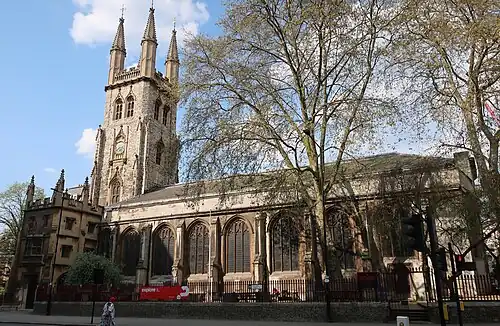 South aspect of St Sepulchre Church, with its porch on Holborn