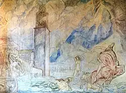Stadshuset bygges, kalkmålning i "Blåa rummet" intill Gyllene salen (City Hall is Built, Stockholm City Hall, fresco in the "Blue Room" next to the Golden Hall)