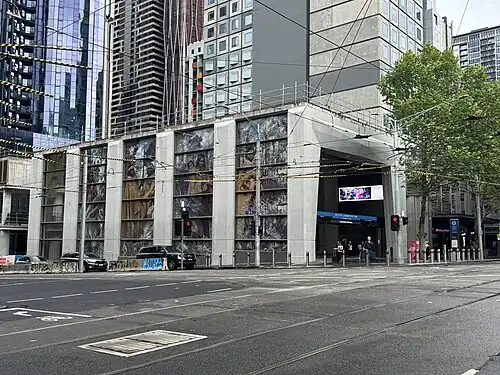 State Library station building and entrance, viewed from the corner of La Trobe Street and Swanston Street intersection, photo taken a day prior to it's grand opening
