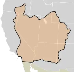 The boundaries of the provisional State of Deseret (orange with black outline) as proposed in 1849. Modern state boundaries are underlaid for reference.