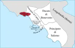 The states present in Campania around the year 1000. In red, the Duchy of Gaeta.