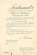 1926 - Ferdinand I: Certificate awarding the Star of Romania (Commander grade, military in time of peace) to Ernesto Burzagli.