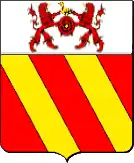 Illustration of a coat of arms. At the top there are two red lions standing on their hind legs and facing each other. They hold a rounded red object, possibly a rose, between them. On top of this stands a yellow bird, possibly a duck. The bottom two thirds of the coat of arms are filled with large diagonal stripes that alternate between red and yellow in colour.