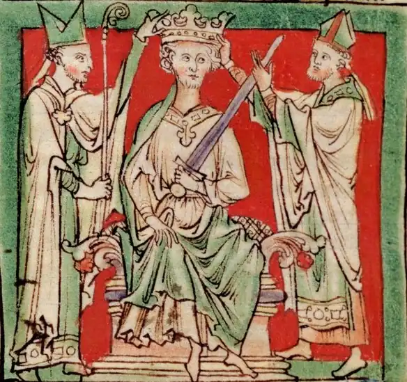 A medieval picture of King Stephen being crowned