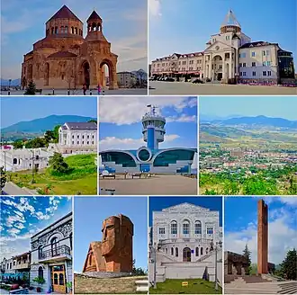 From top left: Holy Mother of God Cathedral Renaissance Square • Downtown Stepanakert Stepanakert Airport • Stepanakert skyline Park Hotel Artsakh • We Are Our Mountains Artsakh University • Stepanakert Memorial