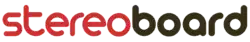 A logo of Stereoboard featuring the word "Stereo" in red and "board" in dark brown