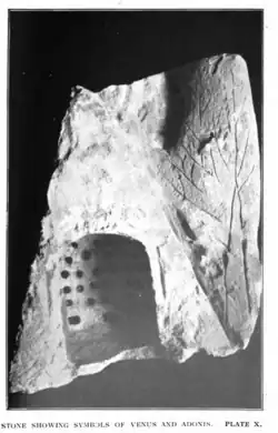 Stone showing symbols of Venus and Adonis, found by Charlotte Hussey in the Garden Tomb site