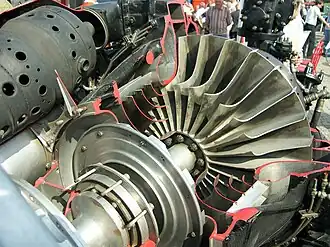 Klimov VK-1 early subsonic inlet showing the curved turning vanes which guide the inlet air into the eye of the impeller front and rear. This performance improvement was introduced by Frank Whittle in 1939 for the Power Jets W.1A "to help the air round the corner".[101] The equivalent vanes on the Rolls-Royce Nene reduced the inlet losses to the extent that thrust was increased from 4,000 to 5,000&nbsp;lb at the same turbine temperature.[102]
