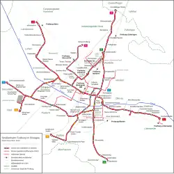 geographically accurate map of the Freiburg tram network on March 16, 2019