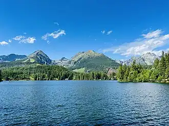 A calm lake reflecting a clear blue sky and mountains