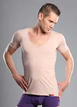 Stretch-wool undershirt with scoop neck, marketed as a v-neck
