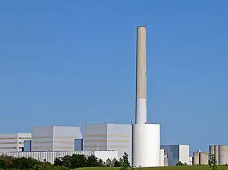 Studstrupværket power plant, with its 190 meters tall smokestack, is a landmark for Studstrup.