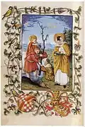 St. Odile depicted with St Christopher. Illumination from the Book of Hours of Christopher I, Margrave of Baden-Baden, c. 1519.