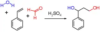 Substrates are water, ethenyl benzene, and formaldehyde. Reagent is sulfuric acid. Product is 1-phenylpropane-1,3-diol.