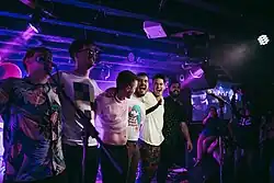 Sub-Radio performing in Washington, D.C., in 2019 Left to right: Matt Prodanovich, John Fengya, Adam Bradley, Barry Siford, Michael Pereira, Kyle Cochran