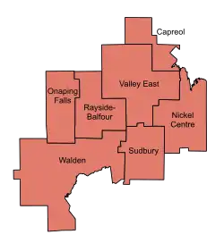 Municipal boundaries of the former Regional Municipality of Sudbury.