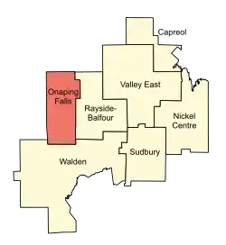 Location of Onaping Falls (red) compared to the rest of the Sudbury Region until 2000.