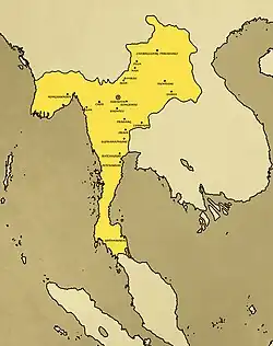 Sukhothai Kingdom at its greatest extent during the late 13th century under the reign of King Ram Khamhaeng according to the Ram Khamhaeng Inscription, the coastlines reflecting era-accurate coastline.
