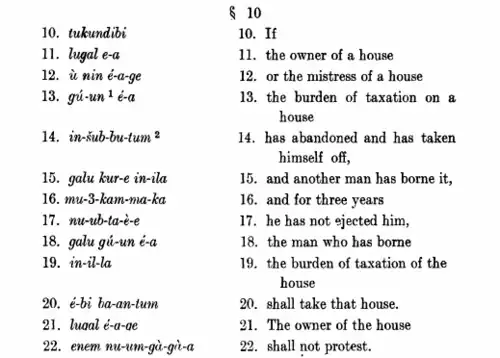 Translation: "If the owner of a house or the mistress of a house the burden of taxation on a house has abandoned and has taken himself off, and another man has borne it, and for three years he has not ejected him, the man who has borne the burden of taxation of the house shall take that house. The owner of the house shall not protest."