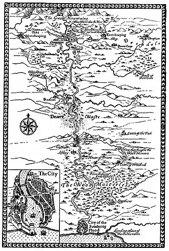 First modern-style fantasy map: the Frontispiece map in William Morris's 1897 The Sundering Flood[26]