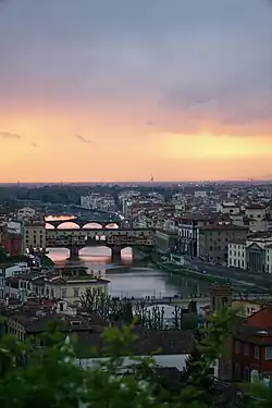 Sunset over the Arno River with Ponte Vecchio
