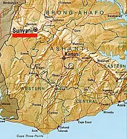 Detailed map showcasing the location of Sunyani in Bono, Ghana (1995)