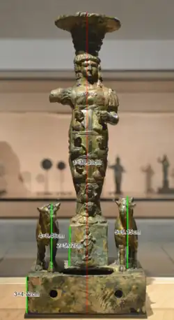Color photograph of the Sursock Bronze statuette displayed in a museum gallery, shown frontally. A vertical red line runs through the center of the composition, labeled "1", indicating the total height of the statuette group from the base to the top of the headdress; the total height is 38.4cm. Green vertical lines mark additional measurements: "2" shows the height of the small cubic pedestal beneath the central human figure (5.02 cm); "3" marks the height of the rectangular base (4.7 cm); and "4" and "5" indicate the heights of the two bulls positioned symmetrically on either side of the pedestal (average of 9cm). The background is softly blurred, showing other sculptural objects in the gallery.