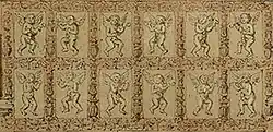 Terracotta amorini above entrance door, detail from 1840 illustration by Nash