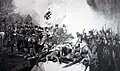 Battle of the Teufelsbrücke between French (right) and Russians (left). Etching, 1800.