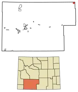 Location of Bairoil in Sweetwater County, Wyoming.