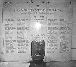 Une plaque en marbre blanc comporte sur quatre colonnes les noms des victimes de l'holocauste