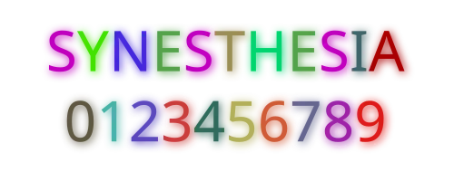 Picture of the word "synesthesia" and several numbers color-coded in a way a synesthete may see them.
