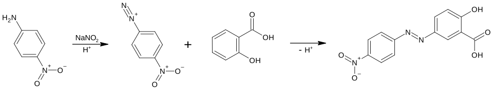 4-Nitroaniline is first treated with sodium nitrite in acidic conditions to produce a diazonium derivative (4-Nitrobenzene-1-diazonium), which then undergoes azo coupling with a salicylic acid to produce Alizarine Yellow R.