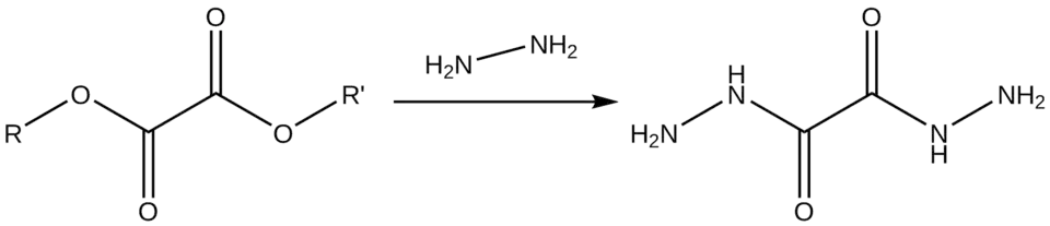 A reaction diagram with an Oxalate ester on the side of the reactants with the alkyl groups labelled as R and R', a reaction arrow with the structure of hydrazine over it and with Oxalyldihydrazide as the reaction product.
