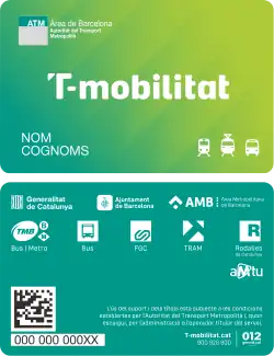 A green plastic card with the T-Mobilitat logo at the centre, the ATM logo at the top left, and three icons at the bottom right.