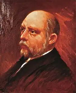 Painting of a bald, bearded late-middle-aged man in a suit, facing left.