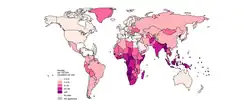 Map showing the rate of TB deaths worldwide in HIV-negative people, by country, 2023.[51]