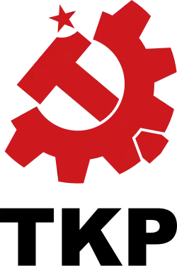 Flag of the Communist Party of Turkey (modern) with a gear and hammer.