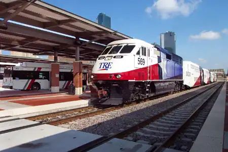 Trinity Railway Express train pulling into Fort Worth Central Station