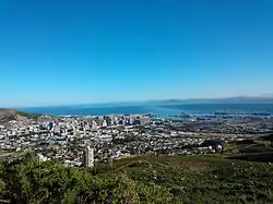 Cape Town and Table Bay from the slopes of Devil's Peak, showing some of the mountain biking jeep tracks