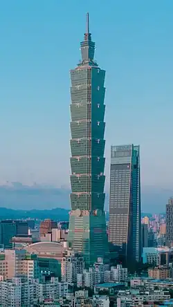 Taipei 101 in Taipei, the world's tallest skyscraper from 2003 to 2009, was the first to exceed the 500&nbsp;m (1,600&nbsp;ft) mark.