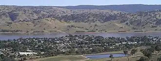 Tallangatta viewed from the town lookout in January 2004. The Mitta arm of Lake Hume can be seen behind the town