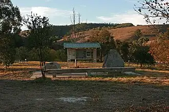 Information shelter and memorials at Tambo Crossing on the site of the former Sir Walter Scott Hotel